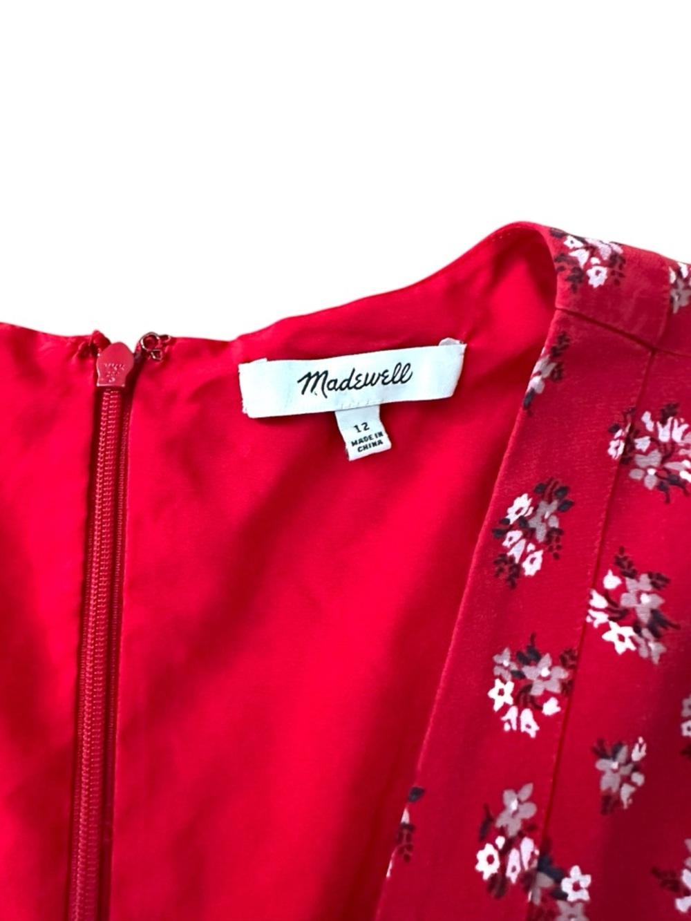 MADEWELL Red and White Floral Silk Button Front Ruffle Sleeve Silk Mini Dress - Picture 3 of 6
